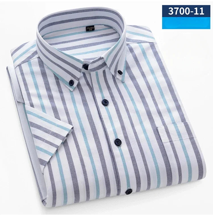 New In Shirt Summer 100%Cotton Short Sleeve Shirts for Men Slim Fit Formal Plain Shirt Designer Plaid Korean Popular Clothes