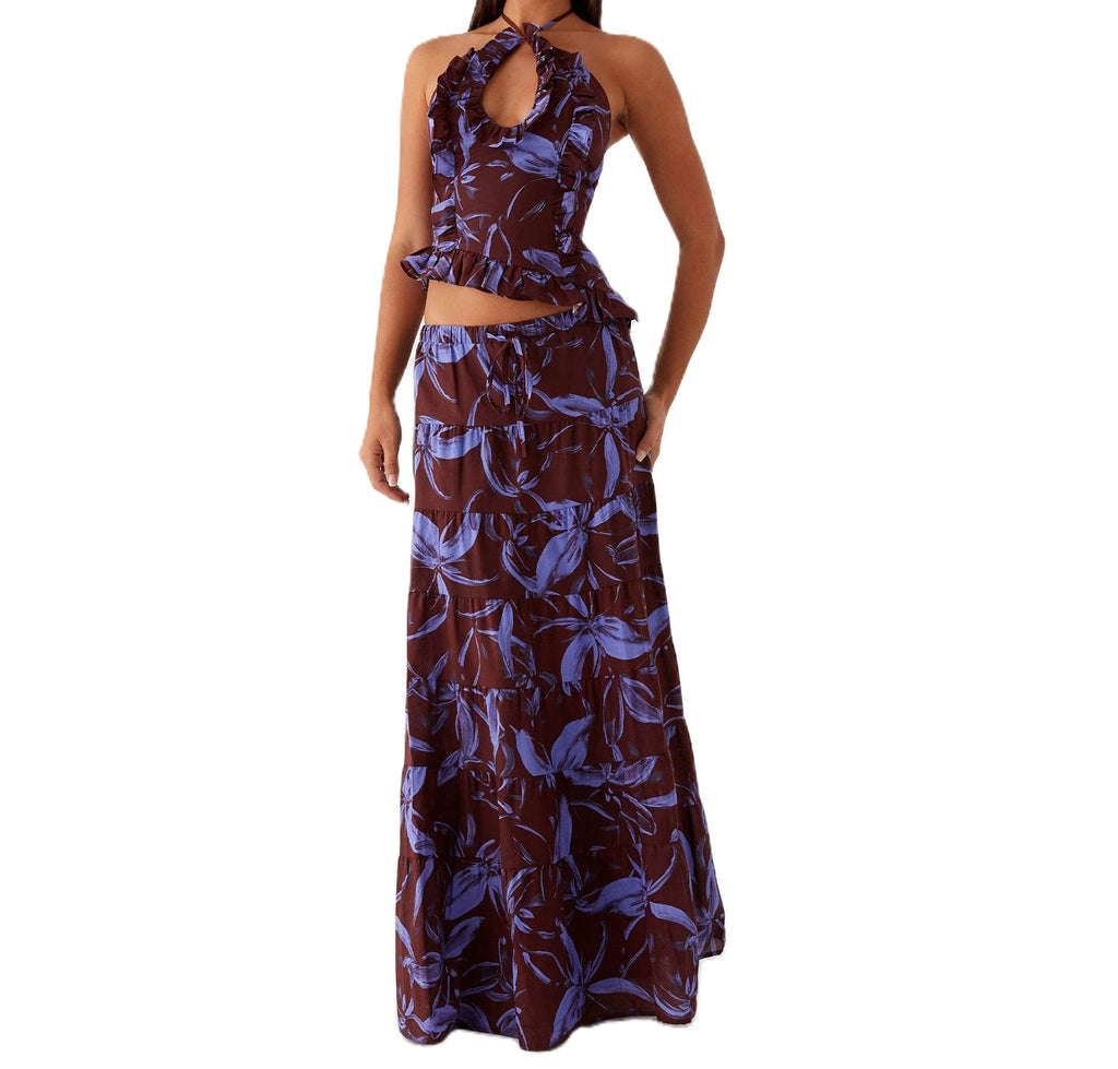 Women Summer Boho 2 Piece Maxi Skirt Sets Y2k Sexy Halter Ruched Cami Tops Tiered Flowy Ruffle Skirts Holiday Beach Outfits