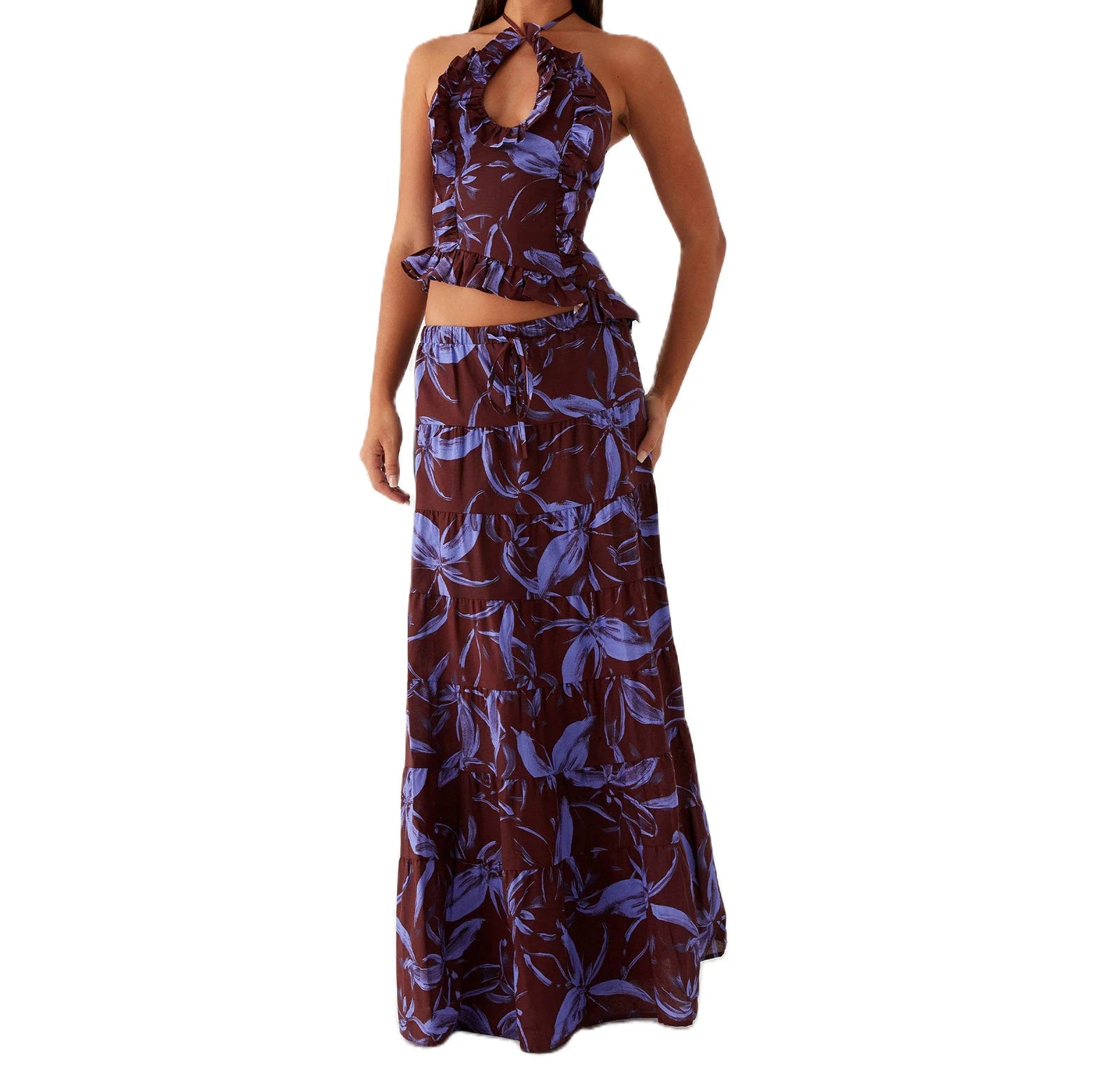 Women Summer Boho 2 Piece Maxi Skirt Sets Y2k Sexy Halter Ruched Cami Tops Tiered Flowy Ruffle Skirts Holiday Beach Outfits