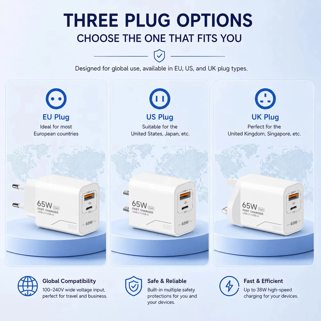 65W Charger USB C GaN 2-Port Fast Charging Phone Charger Power Adapter For Phone Type C  Compatible EU/US Plug Wall Charger