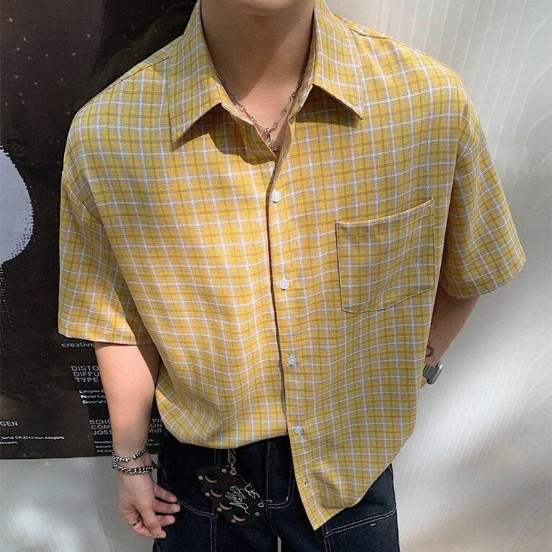 2025 Summer Stylish Short Sleeve Shirt Men's Streetwear Vintage Button-up Turn-down Collar Shirts Trendy Men Plaid Printed Shirt