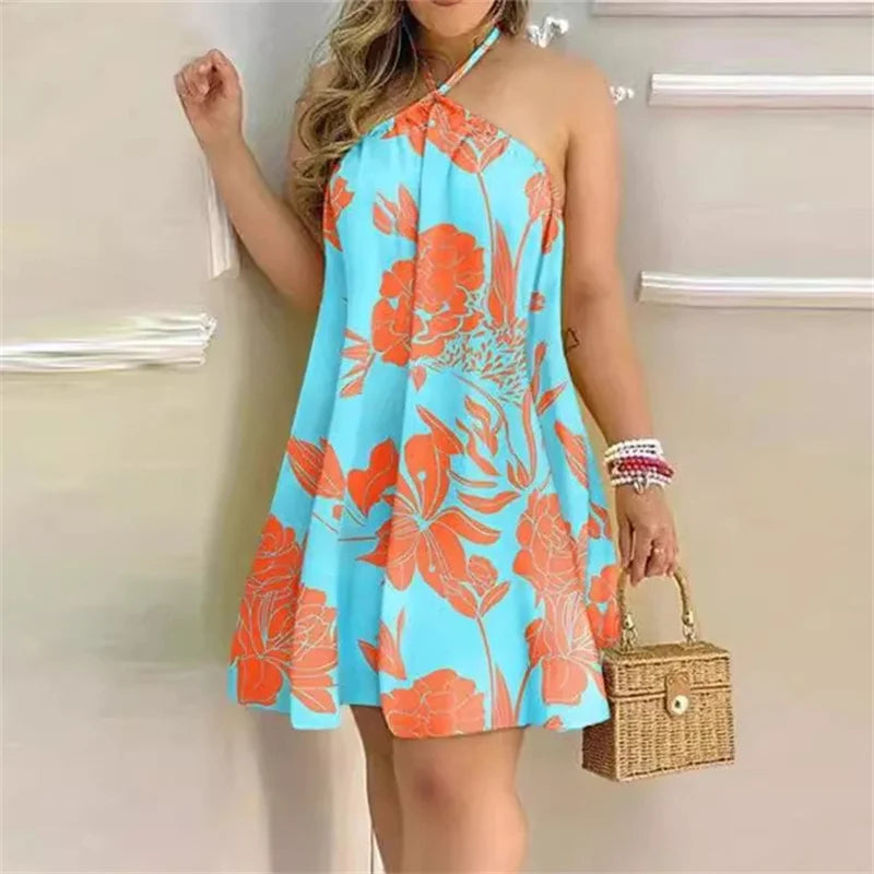 2024 Summer Off The Shoulder Hanging Neck Lace-up Dresses Women Elegant Print Backless Sleeveless Dress Female Casual Short Gown