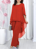 Women's Solid Chiffon Two Piece Sets Spring O-neck Mid-Sleeve Layered Ruffled Edges Long Top & Straight-leg Pants Sets Outfits