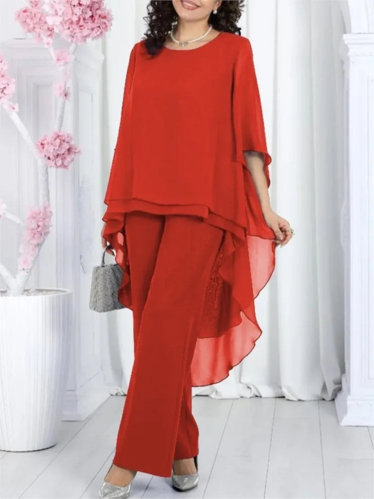 Women's Solid Chiffon Two Piece Sets Spring O-neck Mid-Sleeve Layered Ruffled Edges Long Top & Straight-leg Pants Sets Outfits
