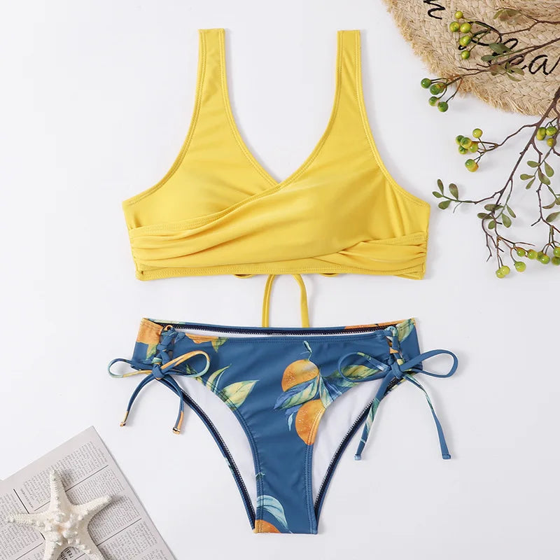 Alluring Bikini Sculpting Padded Backless Bikini Tieside Adjustable Halterneck Bikini Ruffled Beachwear Seamless Swimwear
