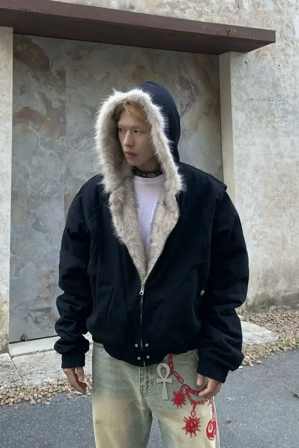 winter retro american woolen collar hooded cotton jacket thick plush top men street hip hop gothic harajuku oversize jacket coat