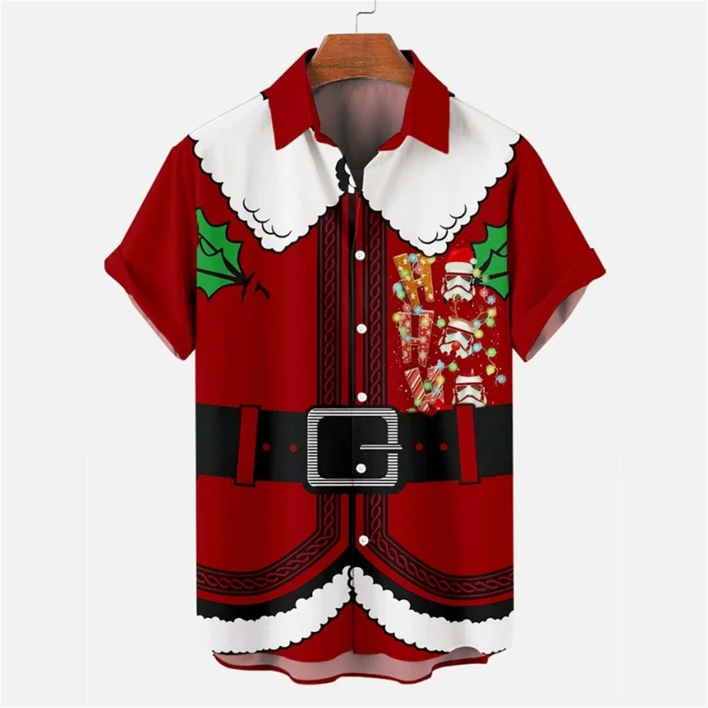 New Christmas Graphic Santa Claus Cosplay Men Shirts Hawaiian Harajuku Tops Short Print Tee Lapel Fashion Holiday Clothing