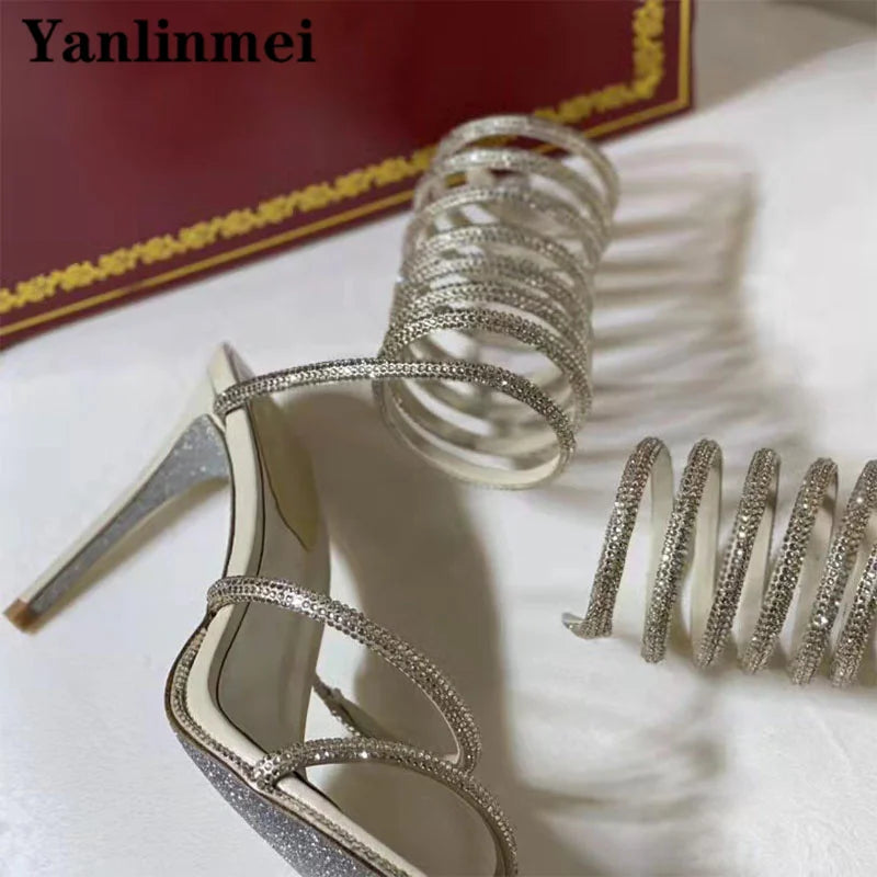 New Runway High Heels Sandals Women Crystal Decoration Ankle Strap Stiletto Shoes Woman Narrow Strap Gladiator Sandals Woman