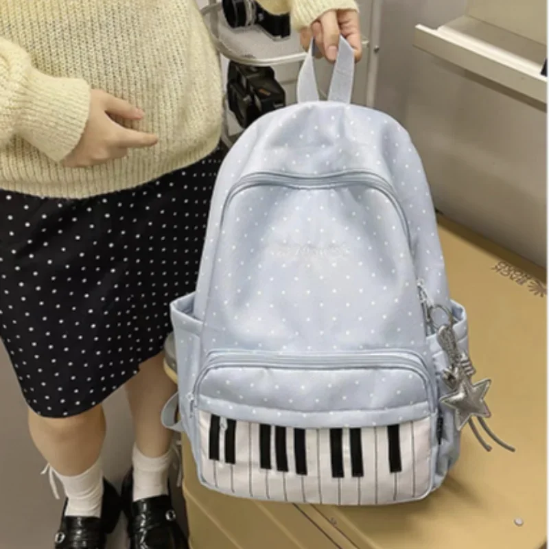 Polka Dot Piano Keyboard Backpack Back-to-school Girl Music Theme Embroidered Nylon Backpack Large Capacity Lightweight Backpack