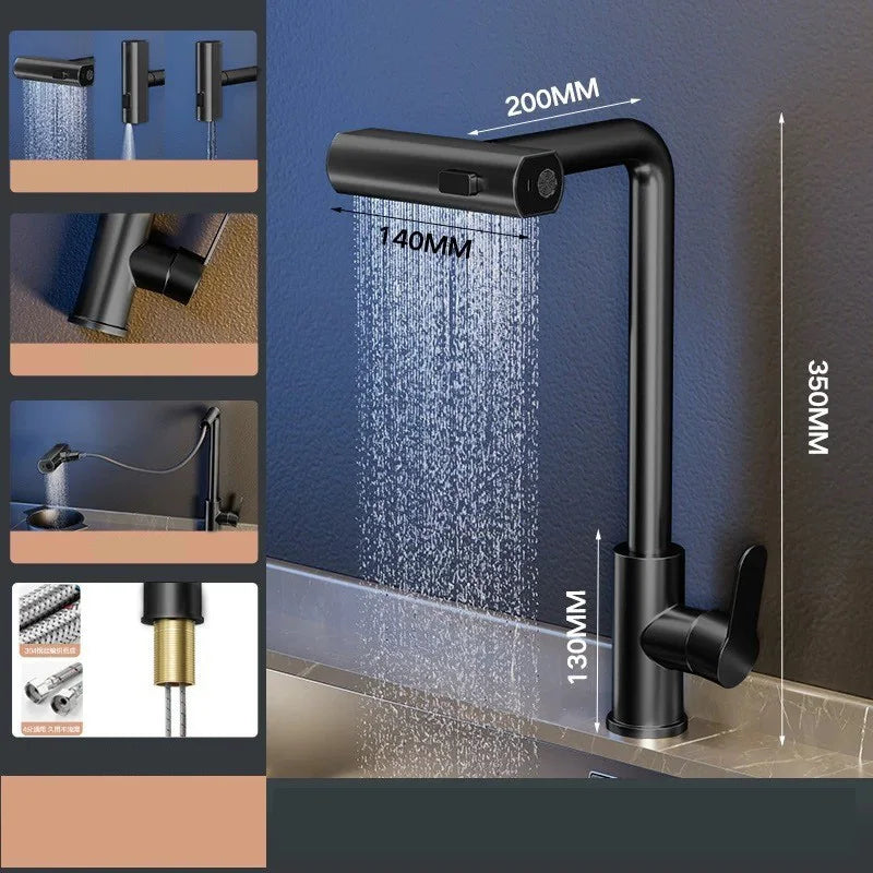 Kitchen Pull-out Flying Rain Waterfall Faucet Hot and Cold Faucet 304 Stainless Steel Single Hole Kitchen Faucet Bathroom