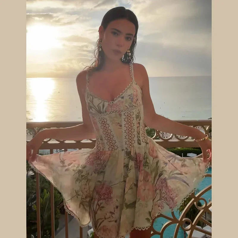 Women's Printed Dress V-neck Lace Hollow Out A-line Spaghetti Strap Pleated Lady Dresses 2026 Summer Chic Female Sexy Party Robe