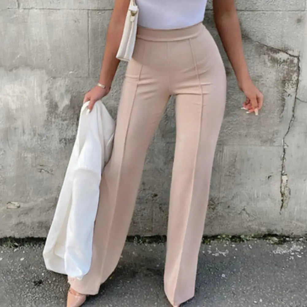 Women Casual Pants High Waist Flared Pants Solid Color Stretchy Long Trousers Streetwear
