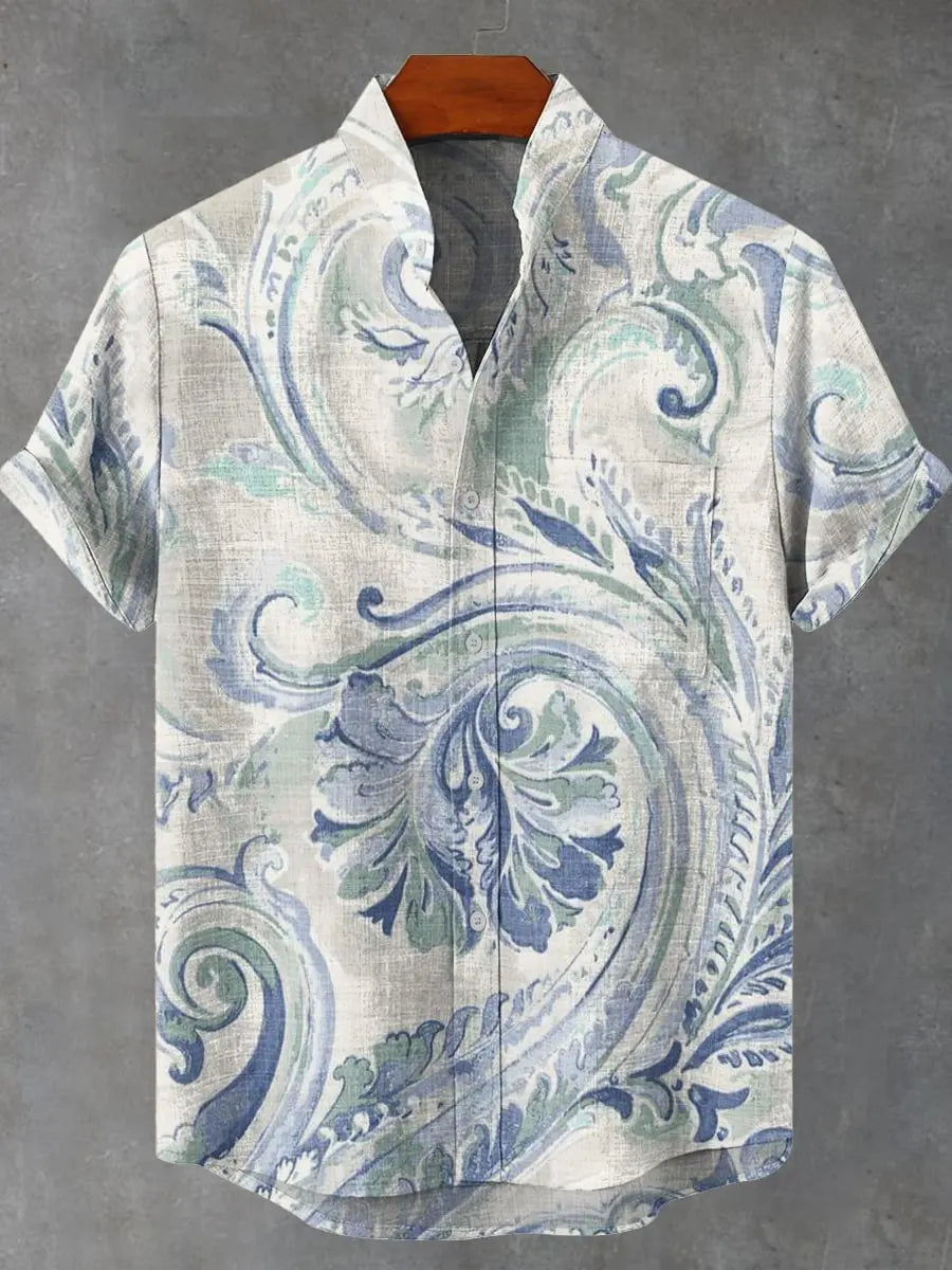 Vintage Fish Pattern Men's Art Shirt Short Sleeve Linen Casual 3D Geometric Printed Shirt Summer New Collection