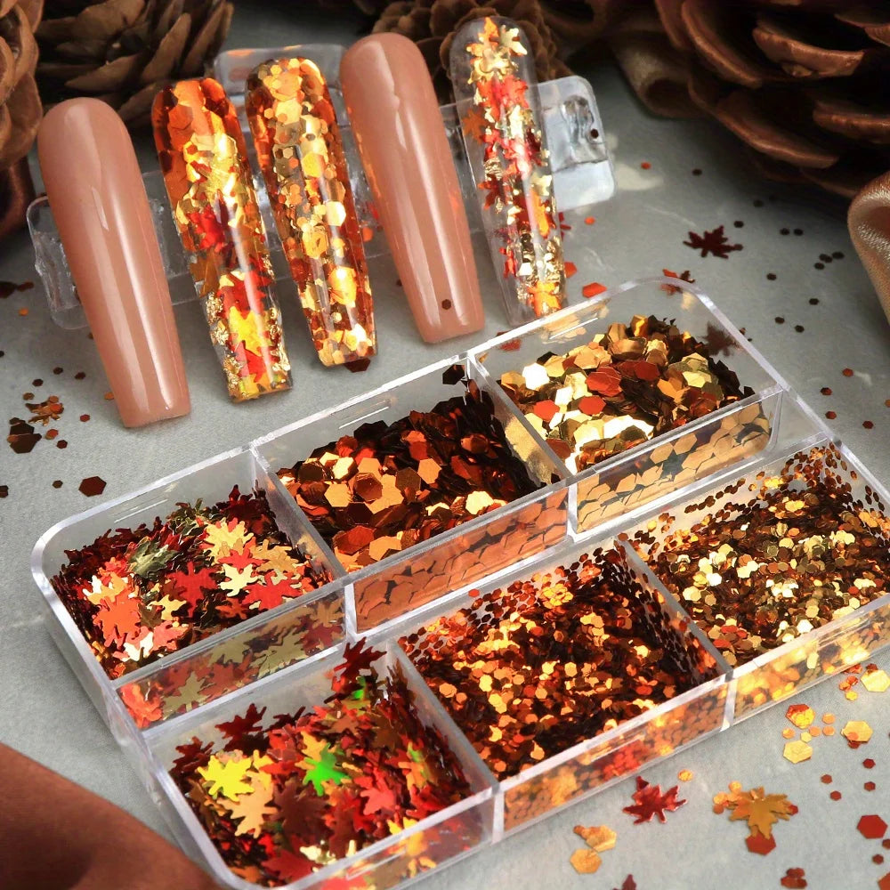6 Grids Autumn Nail Glitter Flakes Golden Red Orange Leaf Sequins for Nail Art DIY Decorations Fall Acrylic Tips Decals Supplies