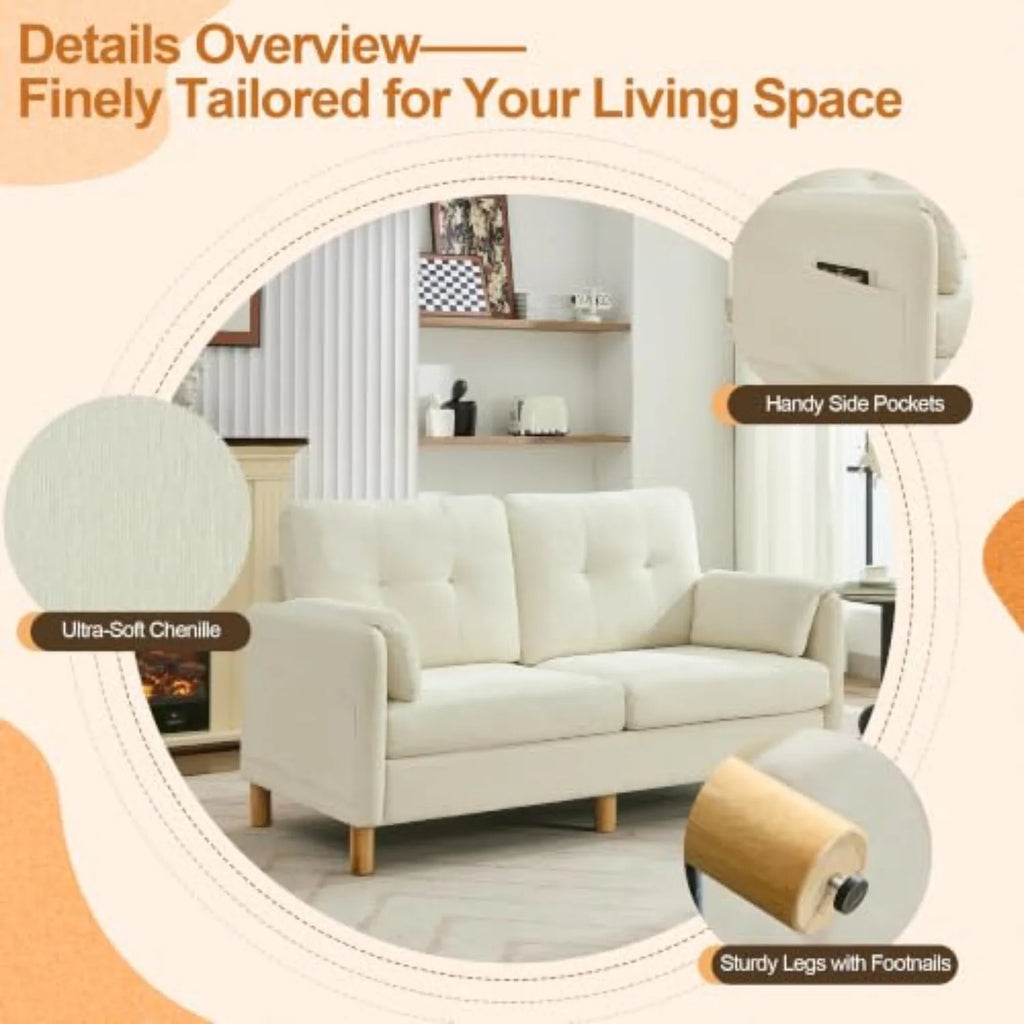 65 Inch Beige Chenille Mid Century Modern Loveseat Sofa with Padded Arms and Storage Pockets for Living Room