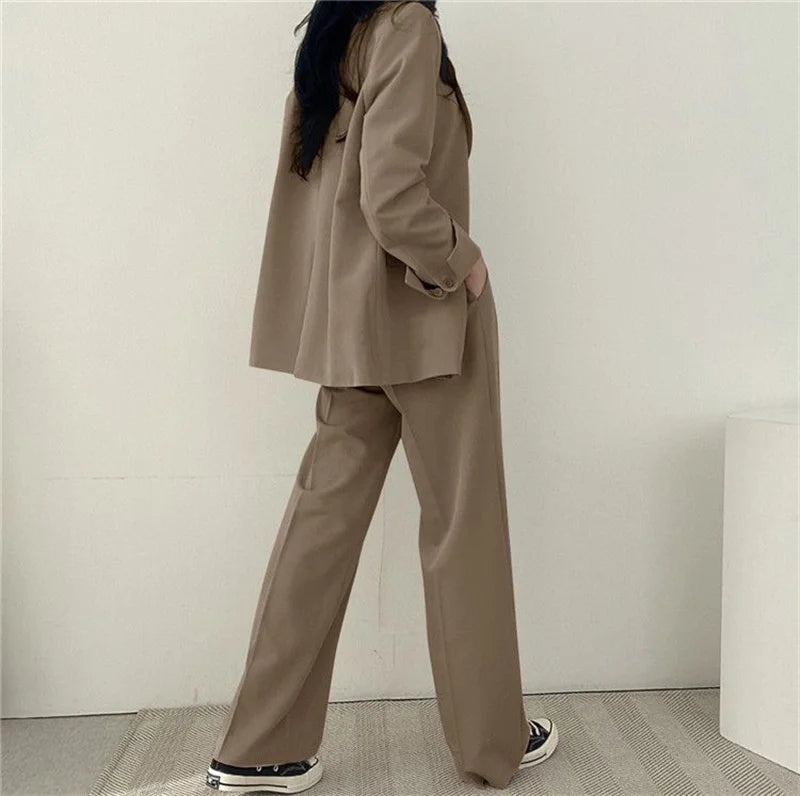 2026 Female Solid Color Blazer 2PCS Autumn Women Lapel Tops High Waist Outfit Korean Ladies Long Sleeves Suit Wide Leg Pants