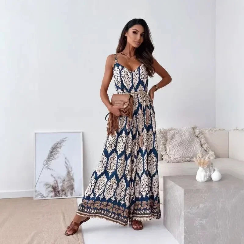 Pop Fashion Elegant V-neck High Waist Jumpsuit Women's Pattern Print Loose Long Romper Causal Sleeveless Wide Leg Playsuit Women