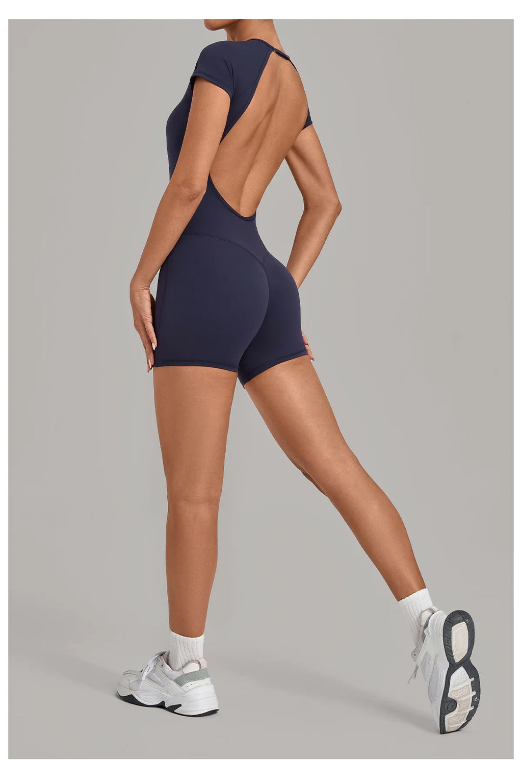 Women Short Sleeve Open Back Yoga Bodysuit Squat Proof Short Jumpsuit Gym Pilates Running Workout Fitness Sport Activewear