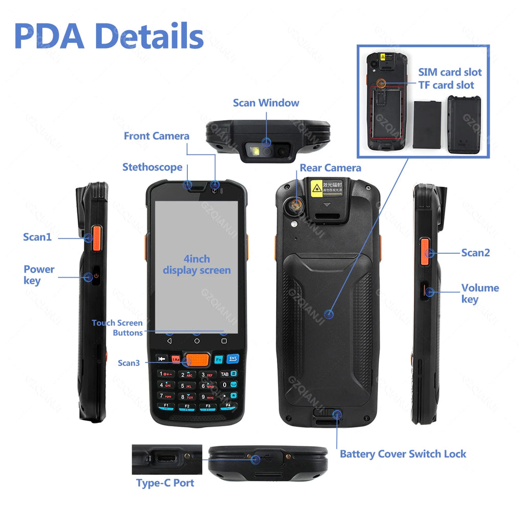 4G64 PDA Android Handheld Terminal Bluetooth Barcode Scanner 1D 2D QR Portable Data Collector Terminal Device With 4G GPS 3G32G