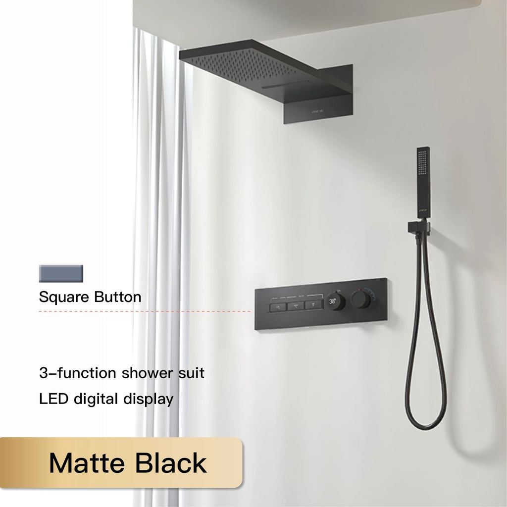 Luxury Black Brass Shower System, Wall Mounted Led Digital Display, Cold Hot Dual Control, Four Function Ceiling Shower Tap