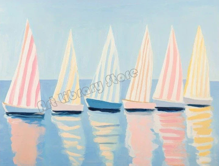 Abstract Coastal Cowgirl Beach Boat Oyster Shell Lighthouse Colorful Summer Poster Canvas Painting Wall Art Pictures Home Decor