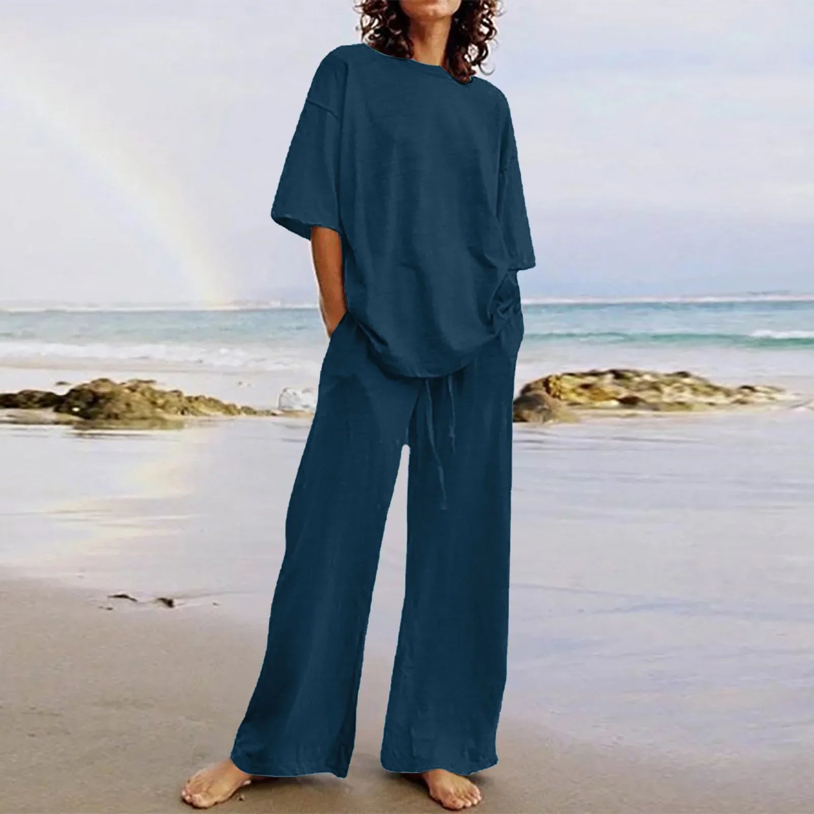 Fashion Women's 2-piece Set 2024 Summer Casual Pocket Set Half Sleeve O-Neck Top and Wide Leg Large Outline Pants Set
