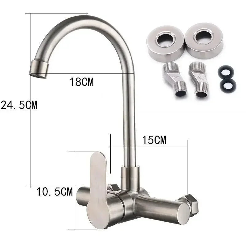 Stainless Steel Kitchen Faucet Wall Mounted Cold and Hot Tap Bathroom Basin Sink Faucet Universal Rotation Splash Proof Faucet