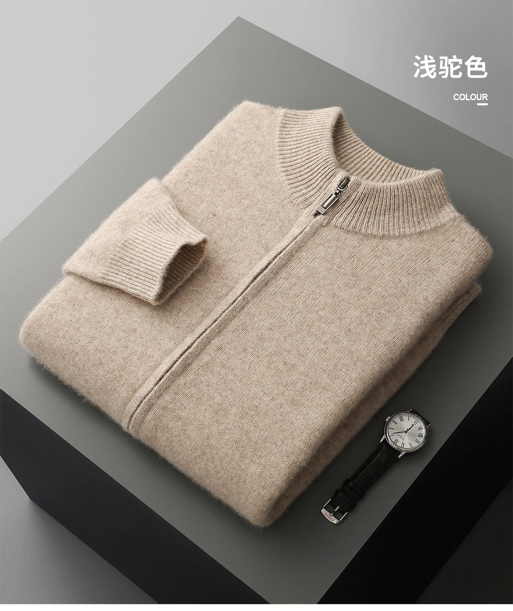 Men's 100% Merino Wool Two-piece Suit Autumn Winter Knitting Zipper Cardigan and Straight-leg Pants Warm Thickened Clothing Sets