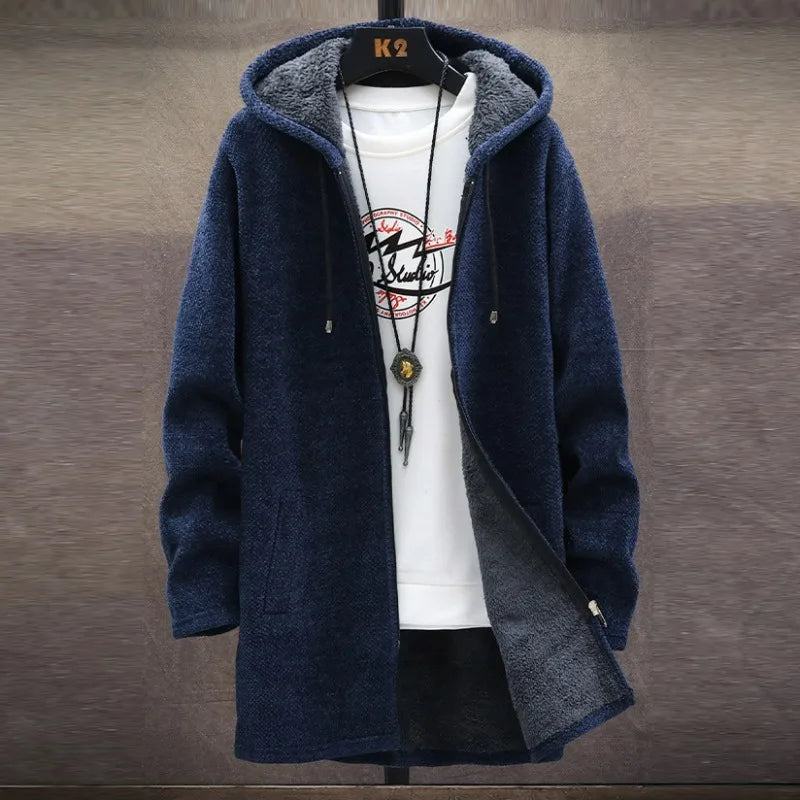 KIDWHXR 2026 Autumn Winter Men Fleece Cardigan Jacket Thicken Windproof Man Hooded Coat Mid Length Long Sleeve Male Sweater