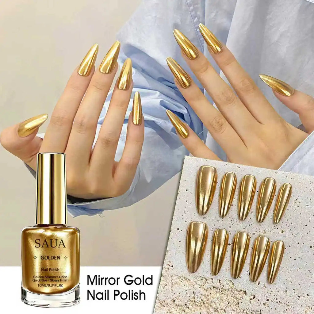 10ml Gold Metallic Nail Polish – Quick-Drying, No Lamp Required; Delivers a Long-Lasting, Natural Mirror-Like Metallic Finish.