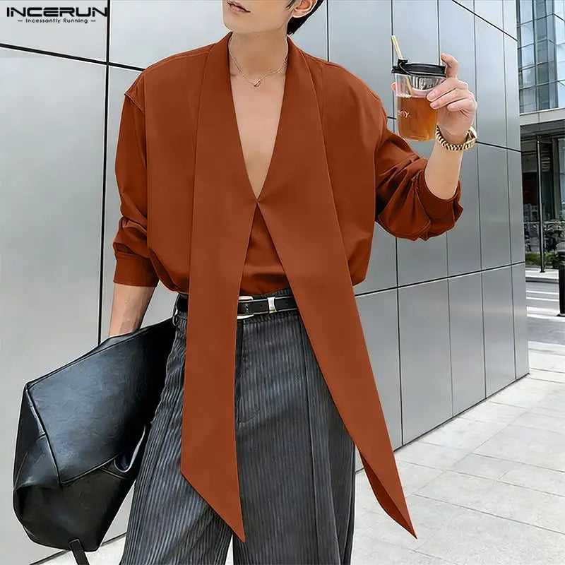 INCERUN Men's Shirt Solid Color Deep V Neck Long Sleeve Men's Clothes Tops With Belt Streetwear 2026 Fashion Camisas Masculina