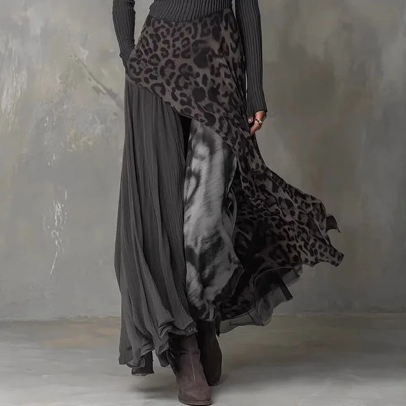 Spring Sexy Splicing Leopard Print Long Dress Woman Elegant O Neck High Waist Party Dresses Autumn Long Sleeve Ruffle Maxi Dress