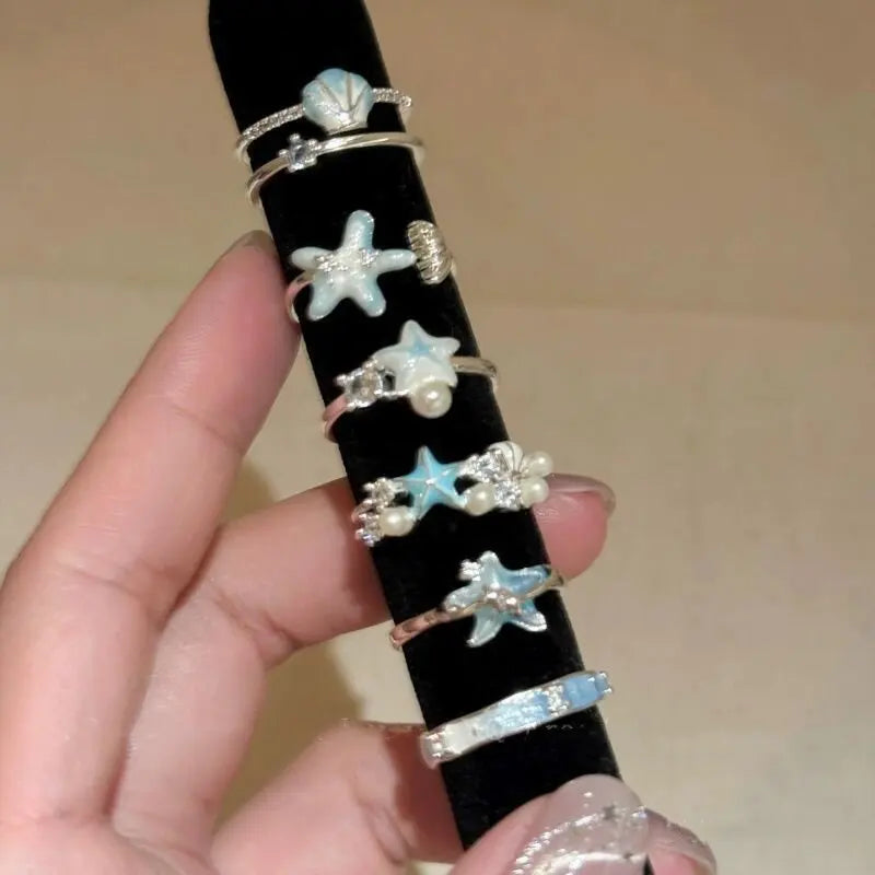 Sweet Blue Starfish Shell Rings for Women Girls Fashion Imitation Pearl Open Rings Summer Ocean Vacation Jewelry Accessories