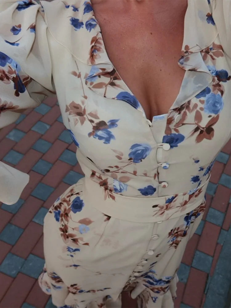Sexy Print Women Long Dress Urban V-neck Single Breasted Ruffles Half Sleeve Female Dresses 2026 Spring Autumn Lady Robe