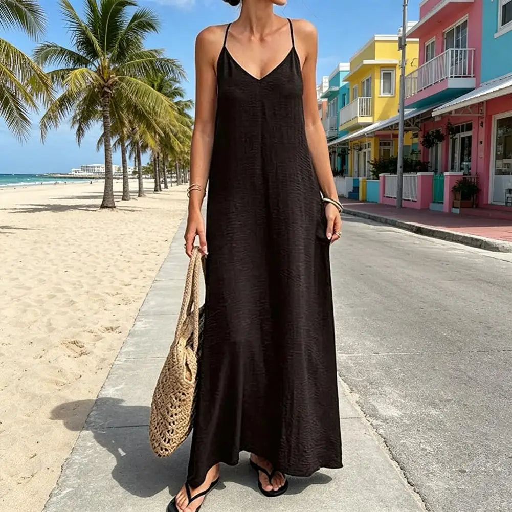 Women Summer Sexy Backless Dress Halter V Neck Sleeveless Loose Maxi Sundress Beach Vacation Long Dress