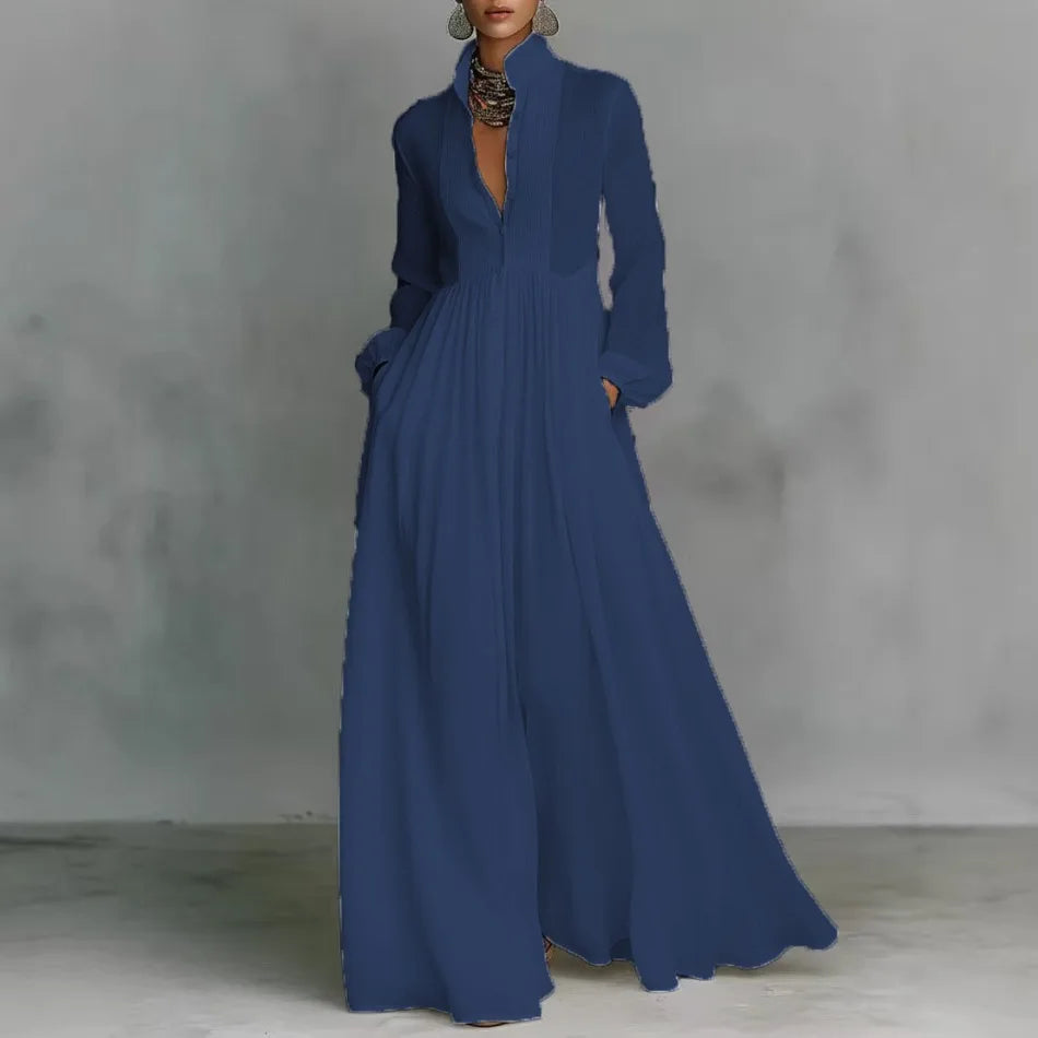 Elegant High Waist Swing Long Dress Woman Spring Solid Pockets Pleated Maxi Dress Spring Autumn Long Sleeve Button Evening Dress