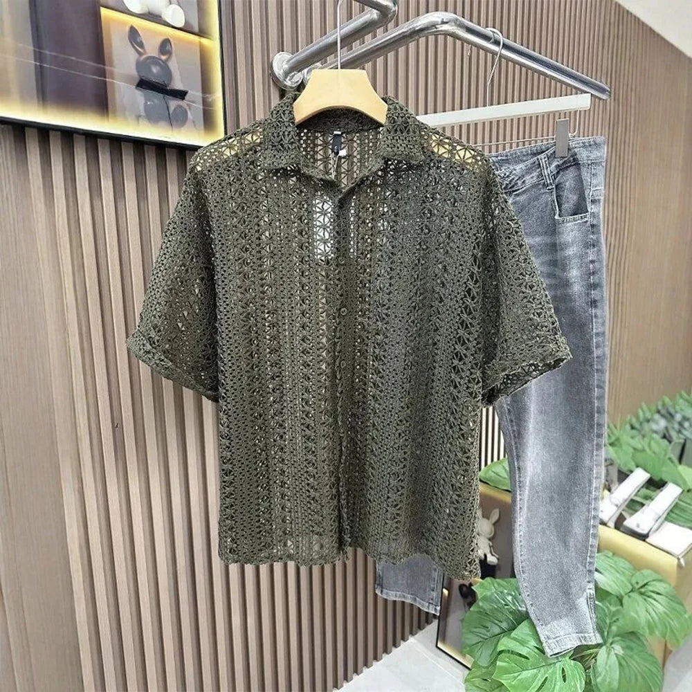 Men's Knitted Hollow Short-Sleeved Shirt American Retro Fashion Trend Simple Loose Breathable Vacation Summer New Men's Tops