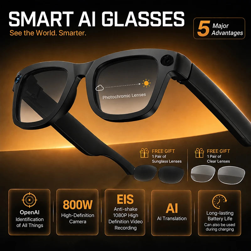 2026 Smart Glasses with 8MP Camera, 1080P Anti-Shake Recording, AI Translator, Bluetooth Audio Calling, 8GB Storage, iOS Android