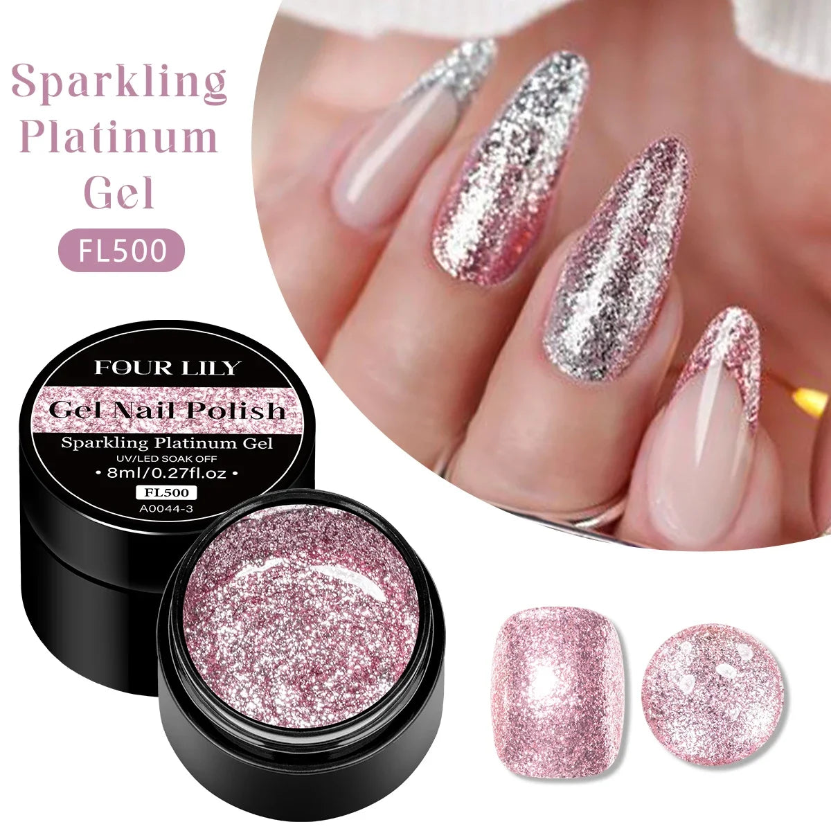 FOUR LILY 8ml Pink Glitter Sequins Gel Nail Polish Shiny Sparkling Platinum Semi Permanant Soak Off Nail Art Varnish Manicure