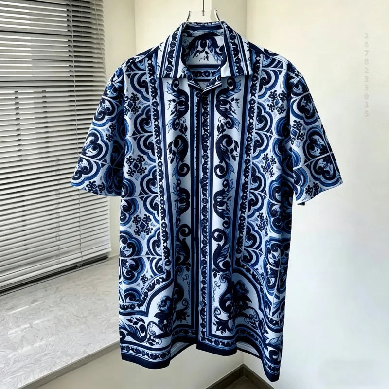 Men's shirts, summer Baroque printed shirts, loose oversized retro short sleeved shirts, vacation style versatile men's tops