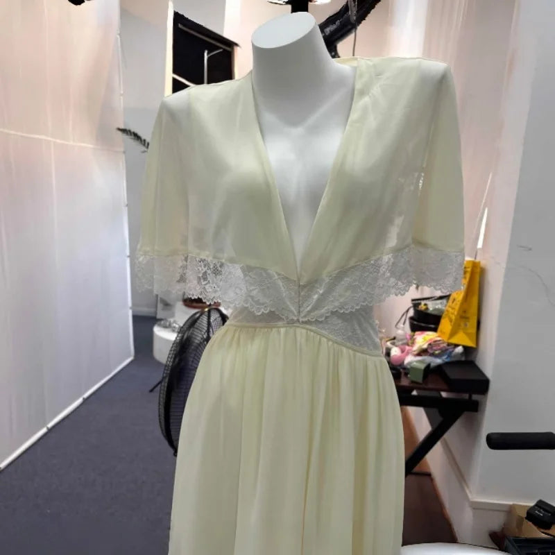 Lightweight Chiffon V-Neck Lace Insert Waist Maxi Dress Cutout Puff Sleeve 2026 Summer Women Party Dress Trendy Chic Lady Outfit