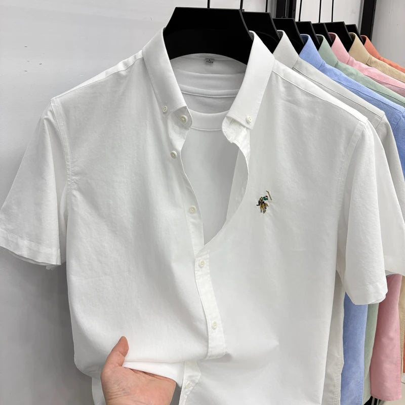 Short Sleeved Shirt Men's Summer New Item Pure Cotton High-end Brand Little Horse Logo Embroidered Casual Shirt