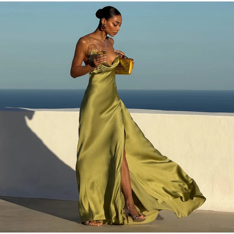 Backless Satin Long Sling Dress Women V Neck Sleeveless Slit Solid Sexy Party Dresses 2026 Summer Lady Vacation Evening Robes