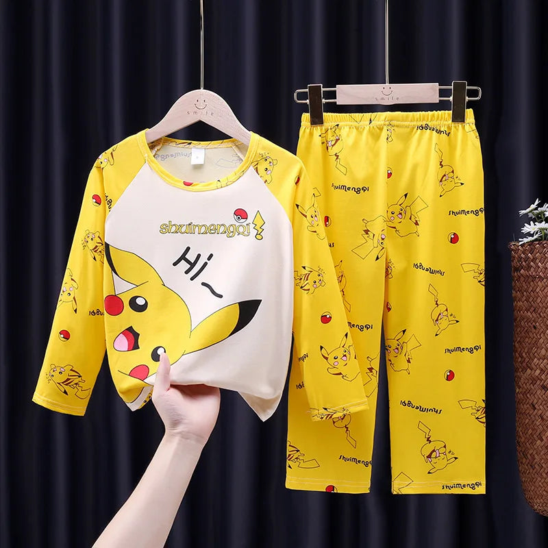 Children's Pyjamas Pikachu Set Kids Sleepers Boys Girls Cartoon Long Sleeve Sleepwear 3-14T Teenage Home Clothes Pajama Pijama