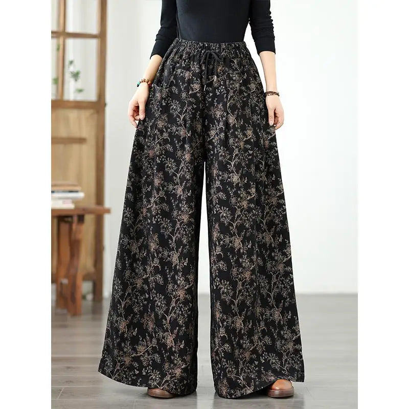 Denim Wide-leg Pants For Women 2025 Autumn New Style Printed Elastic Waist Loose Oversized Casual Denim Straight Pants