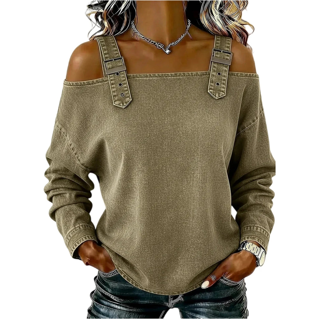 Women's Denim Top, Stylish Off-the-shoulder Long-sleeved Top with Shoulder Straps, Elegant and Versatile Denim Shirt, Streetwea
