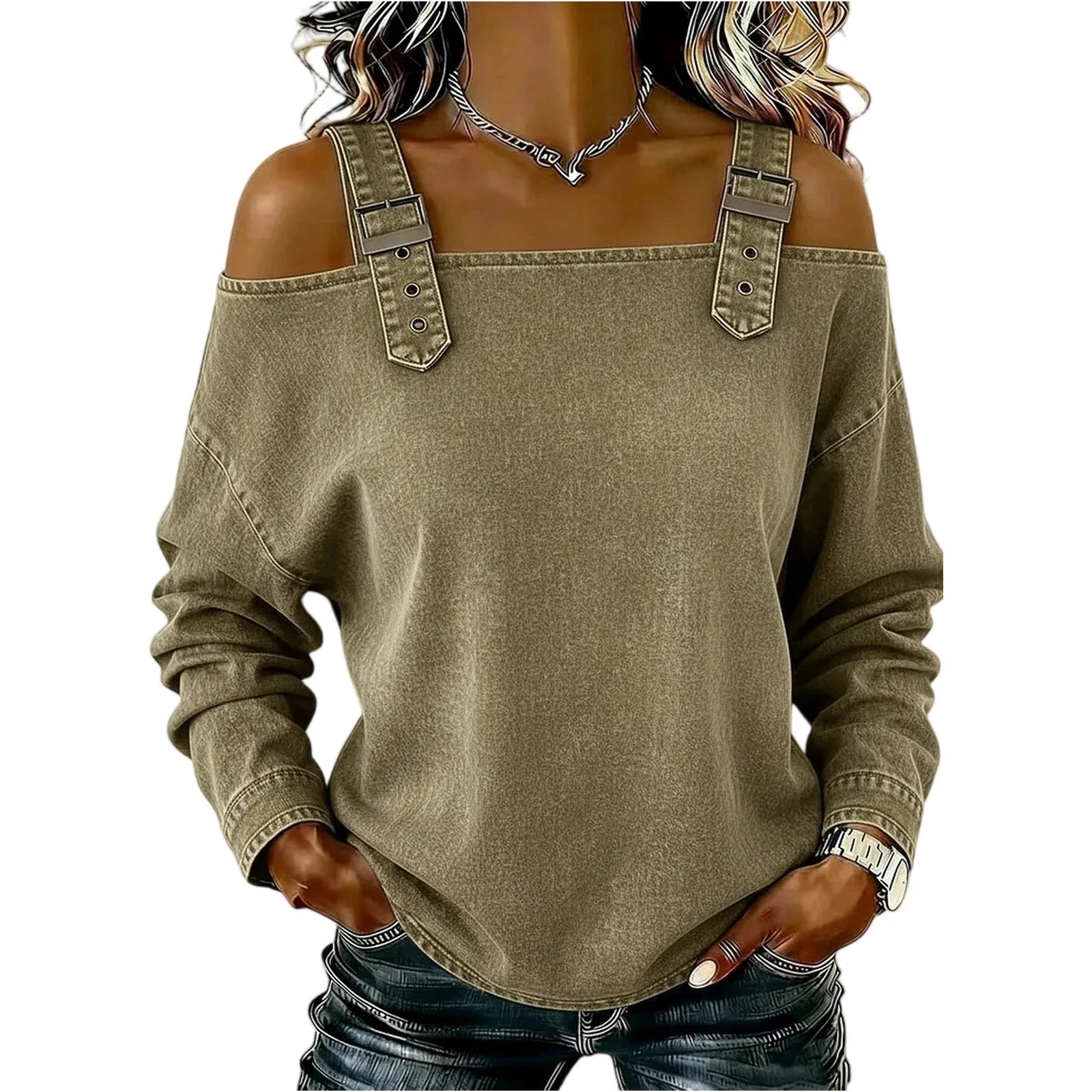 Women's Denim Top, Stylish Off-the-shoulder Long-sleeved Top with Shoulder Straps, Elegant and Versatile Denim Shirt, Streetwea