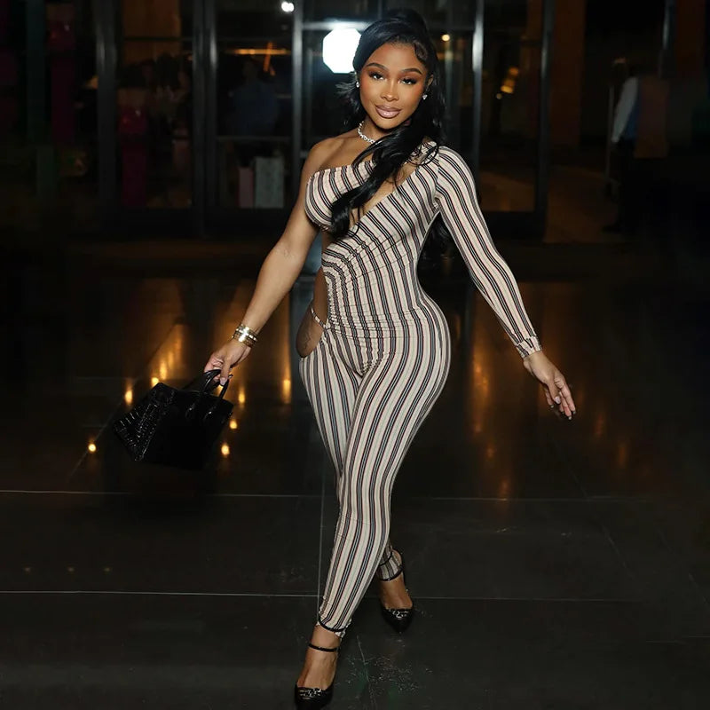 Fashion Women's Sexy Hollow Jumpsuit 2025 Spring Ruched Irregular Hipster Club Stripes Print Full Sleeve Midnight Party Overalls