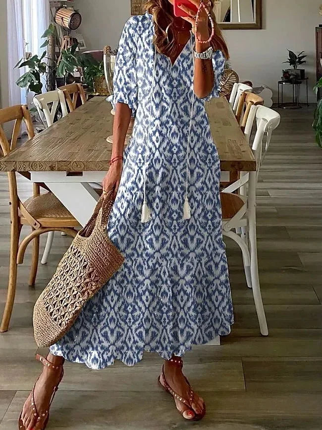 FALL Summer New 2026 Women's Casual Sweet Loose Sexy V-neck Drawstring Fashionable Printed Long Sleeved Boho Bohemian Dresses