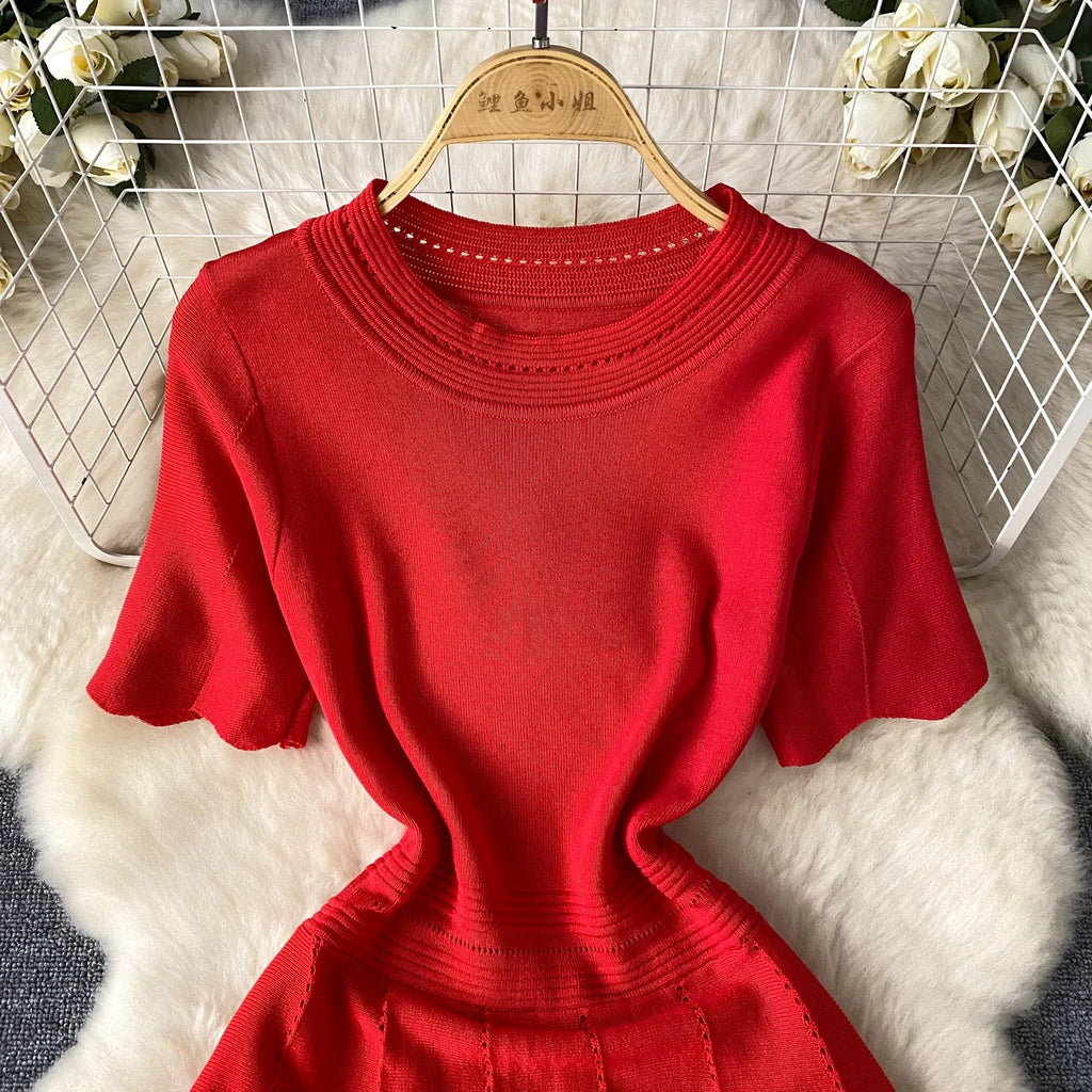 Red Senior Solid Knitting Dress Ladies O-Neck Short Sleeve Hollow Out Design Elastic Knitted Fashion Basic A-Line Dress